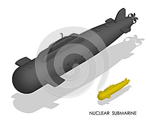 Isometric military combat submarine. Nuclear Navy. Realistic 3D vector