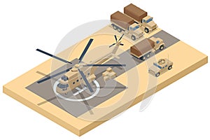 Isometric military helicopter on the runway and military trucks. Military Aviation Air Force