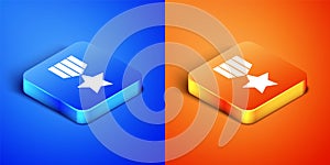 Isometric Military reward medal icon isolated on blue and orange background. Army sign. Square button. Vector