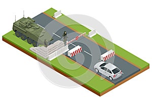 Isometric military Roadblock on the road, checkpoint, military barriers