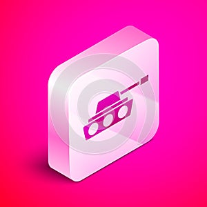 Isometric Military tank icon isolated on pink background. Silver square button. Vector