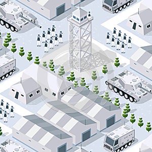 An isometric military transport base is illustrated in winter