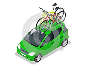 Isometric Mini car with two bicycles mounted on the roof rack. Flat style vector illustration isolated on white