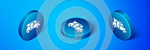 Isometric Minibus icon isolated on blue background. Blue circle button. Vector