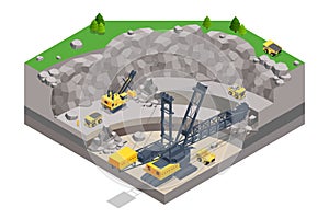Isometric mining quarry, mine with large quarry dump truck and Bucket-wheel excavator. Coal mine. Bucket-wheel excavator