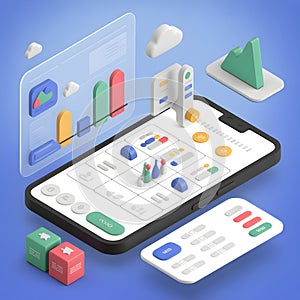 Isometric mobile app interface with charts and data visualization elements image