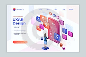 Isometric mobile app. UX UI web design landing. 3D website platform. Tablet digital screen. Access to development system
