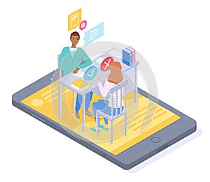 Isometric mobile app, woman patient have online consultation with doctor, physician