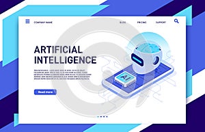 Isometric mobile artificial intelligence. AI smartphone, digital brain technology and neural network chip vector