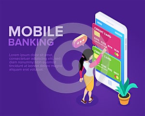Isometric Mobile Banking Concept. Transfer of funds using a mobile phone. Using a smartphone for operations with bank cards.