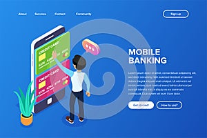 Isometric Mobile Banking Concept. Transfer of funds using a mobile phone. Using a smartphone for operations with bank cards.