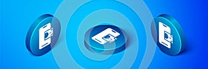 Isometric Mobile banking icon isolated on blue background. Transfer money through mobile banking on the mobile phone