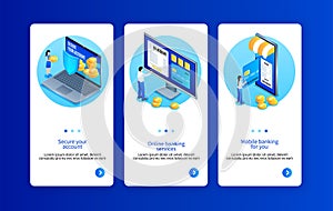 Isometric mobile banking services app design template collection