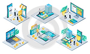 Isometric mobile banking services mini composition collection