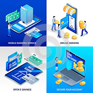 Isometric mobile banking services square illustration set