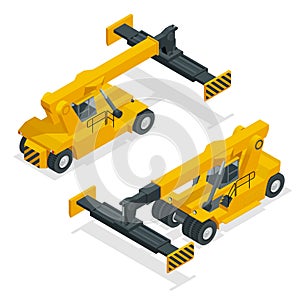 Isometric Mobile Container Handler in action at a container terminal. Crane lifts container handler Isolated vector