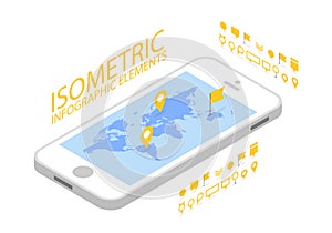 Isometric mobile GPS navigation concept, Smartphone with world map application and marker pin pointer