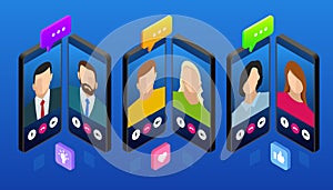 Isometric mobile messenger chat, online conversation with texting message. Vector illustration