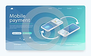 Isometric mobile payment concept. Mobile payment security transaction via credit card. Transfer money from credit card.