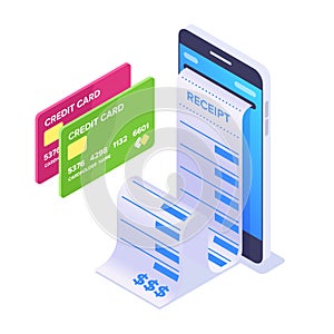 Isometric Mobile Payment Concept. Smartphone and cashier`s check. Bank cards for online payment.