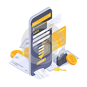 Isometric mobile payment, online banking transaction concept. Internet money transfer, smartphone payments vector illustration.