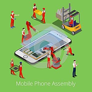 Isometric Mobile Phone Assembly Process. Flat 3d Workers Mounted Smartphone