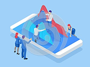 Isometric mobile phone with chart diagram. Business trend analysis. Concept of mobile payments, personal data protection