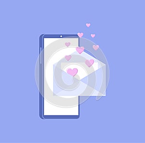 Isometric mobile phone with envelope and flying hearts on purple background. Sending a love letter or message