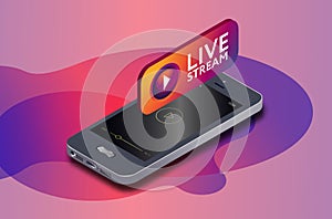 Isometric mobile phone and instagram live video stream icon. instagram online streaming via smartphone.