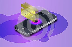 Isometric mobile phone, internet online banking. Isometric protection shopping wireless pay with smartphone.