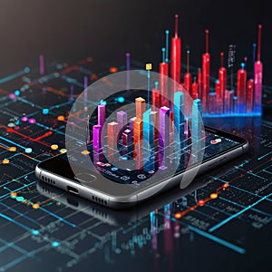 Isometric mobile phone shows a business graph and analytics data for software development coding process concept