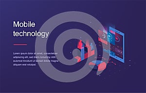 Isometric mobile phone. Smart and simple web interface with different apps and icons. 3d vector. Web banner with laptop