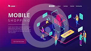 Isometric mobile shopping and buying landing page.