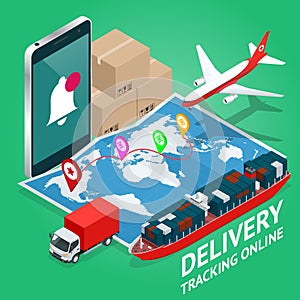 Isometric Mobile smart phone with mobile app delivery tracking. Vector modern flat creative info graphics design on