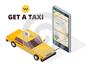 Isometric mobile taxi and gps city map. Navigation system for taxi and life with 3D smartphone and taxi car