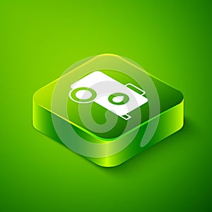 Isometric Mobile water tank - bowser icon isolated on green background. Water tank delivering water. Green square button