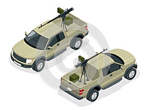 Isometric model of pickup truck armed with machine gun. Spec ops police officers SWAT in black uniform. Soldier, officer photo