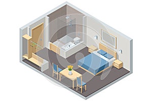 Isometric Modern Bedroom Suite in Hotel. Hotel Checking in and Having Rest in Their Rooms. Enjoy the Holiday and
