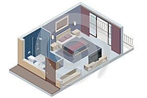 Isometric Modern Bedroom Suite in Hotel. Hotel Checking in and Having Rest in Their Rooms. Enjoy the Holiday and