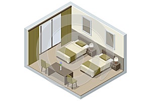 Isometric Modern Bedroom Suite in Hotel. Hotel Checking in and Having Rest in Their Rooms. Enjoy the Holiday and