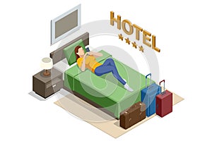 Isometric Modern Bedroom Suite in Hotel. Hotel Checking in and Having Rest in Their Rooms. Enjoy the Holiday and