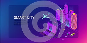 Isometric Modern city. Concept website template. Smart city with smart services and icons, internet of things, networks