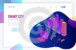 Isometric Modern city. Concept website template. Smart city with smart services and icons, internet of things, networks