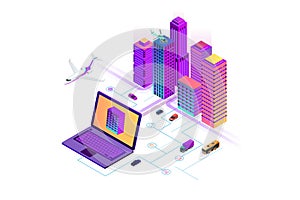 Isometric Modern city. Concept website template. Smart city with smart services and icons, internet of things, networks