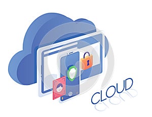 Isometric modern cloud security technology tablet and smart phone security networking concept vector