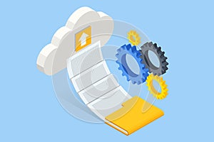 Isometric Modern Cloud Technology and Networking, Big Data Flow Processing Concept. Cloud Service, Cloud Storage Web