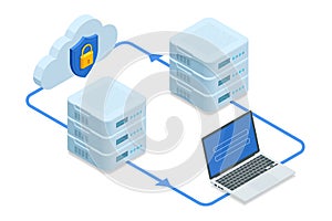 Isometric Modern Cloud Technology and Networking, Big Data Flow Processing Concept. Cloud Service, Cloud Storage Web