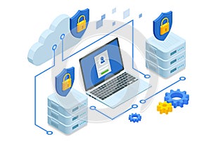 Isometric Modern Cloud Technology and Networking, Big Data Flow Processing Concept. Cloud Service, Cloud Storage Web