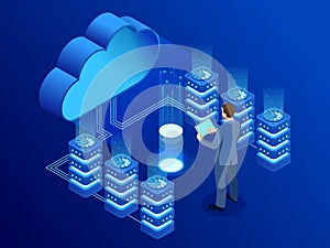 Isometric modern cloud technology and networking concept. Web cloud technology business. Internet data services vector