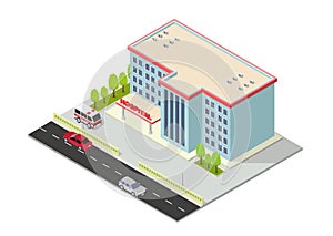 Isometric modern hospital building with ambulance